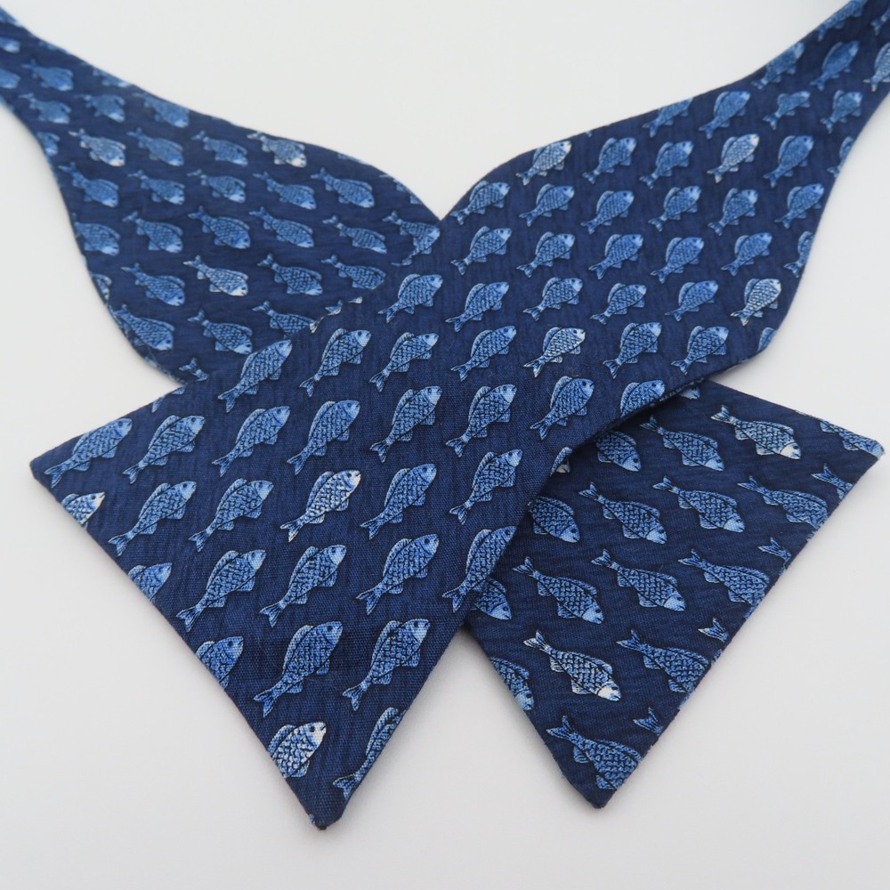 Tuesday Bow Tie Blue White Fish 2.75" Wide Self Tie Cotton
